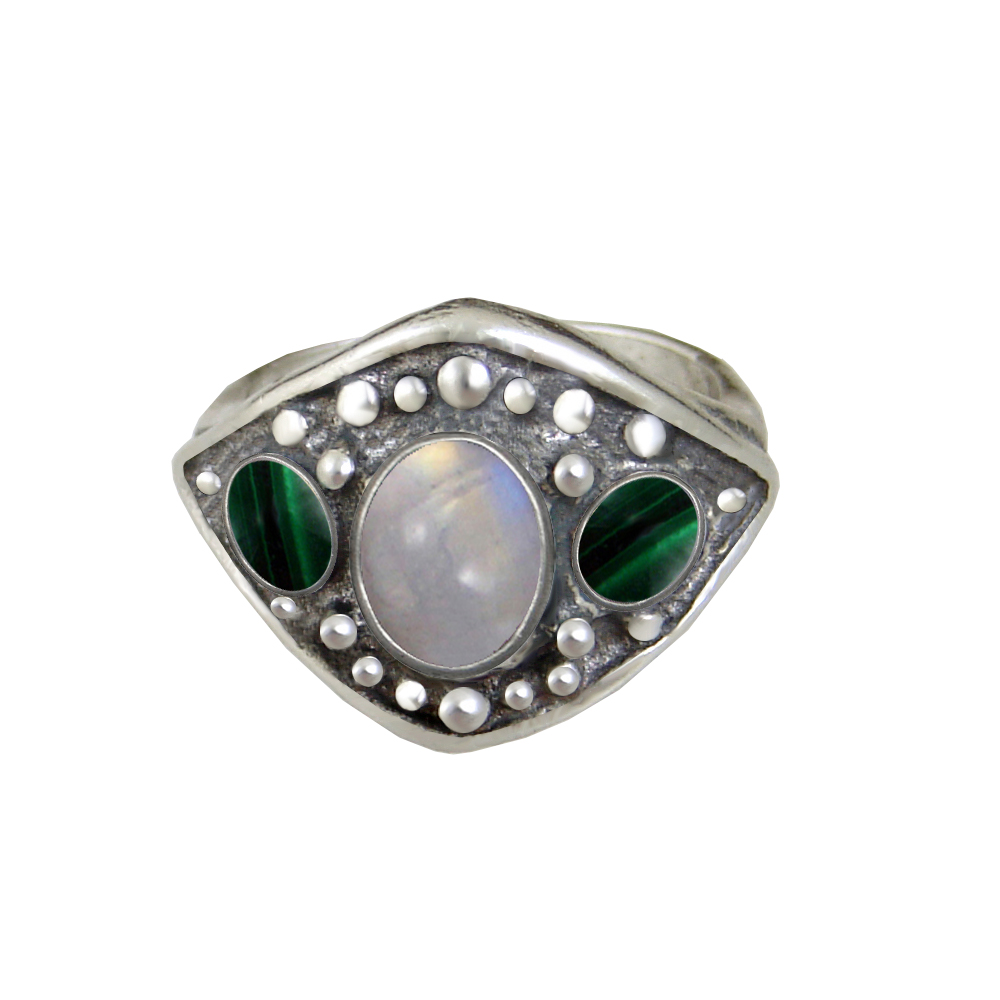 Sterling Silver Medieval Lady's Ring with Rainbow Moonstone And Malachite Size 7